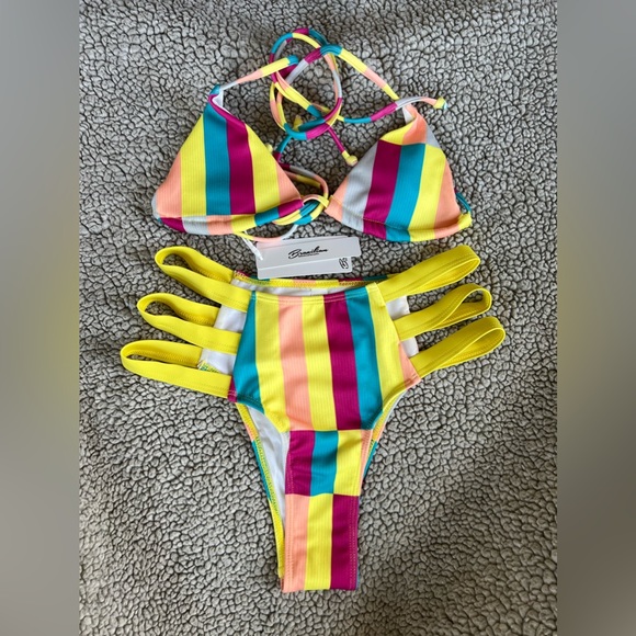 Chic Ribbed Cutout High Waist Slide Triangle Brazilian Two Piece Bikini Small - Picture 9 of 12